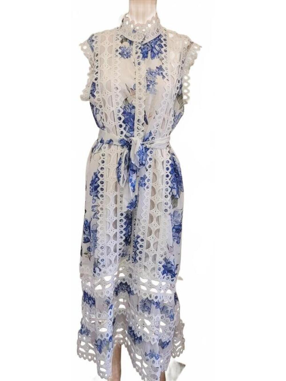 Lai Meng Five Cats Womens Sexy Blue White Lace Eyelet Pearl Buttons Dress Size M